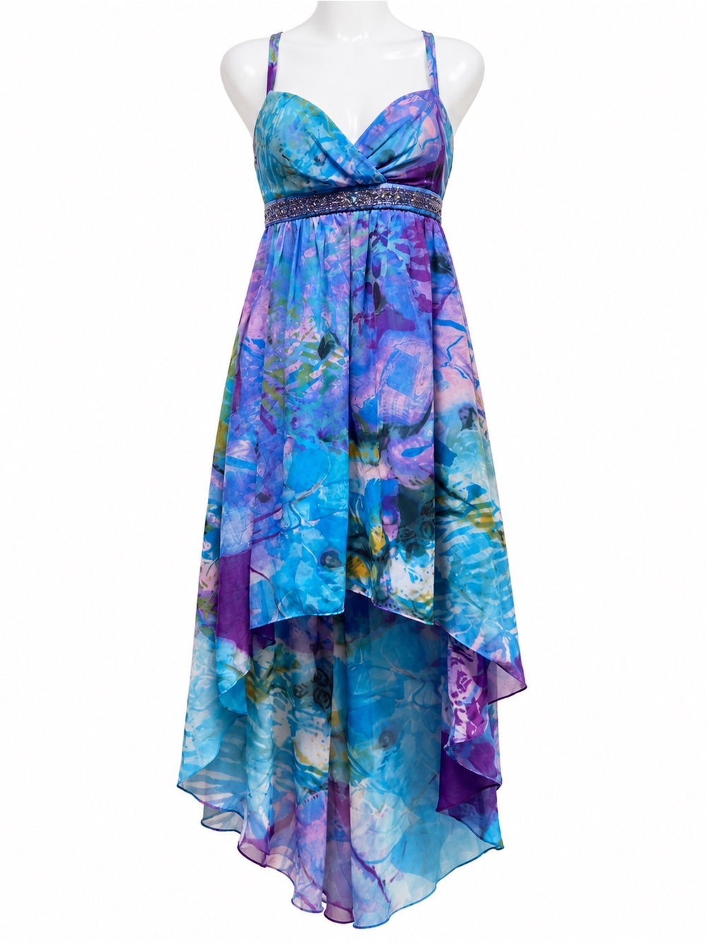 Laura Petites Blue Purple Floral High Low Chiffon Dress Beaded Size 6
